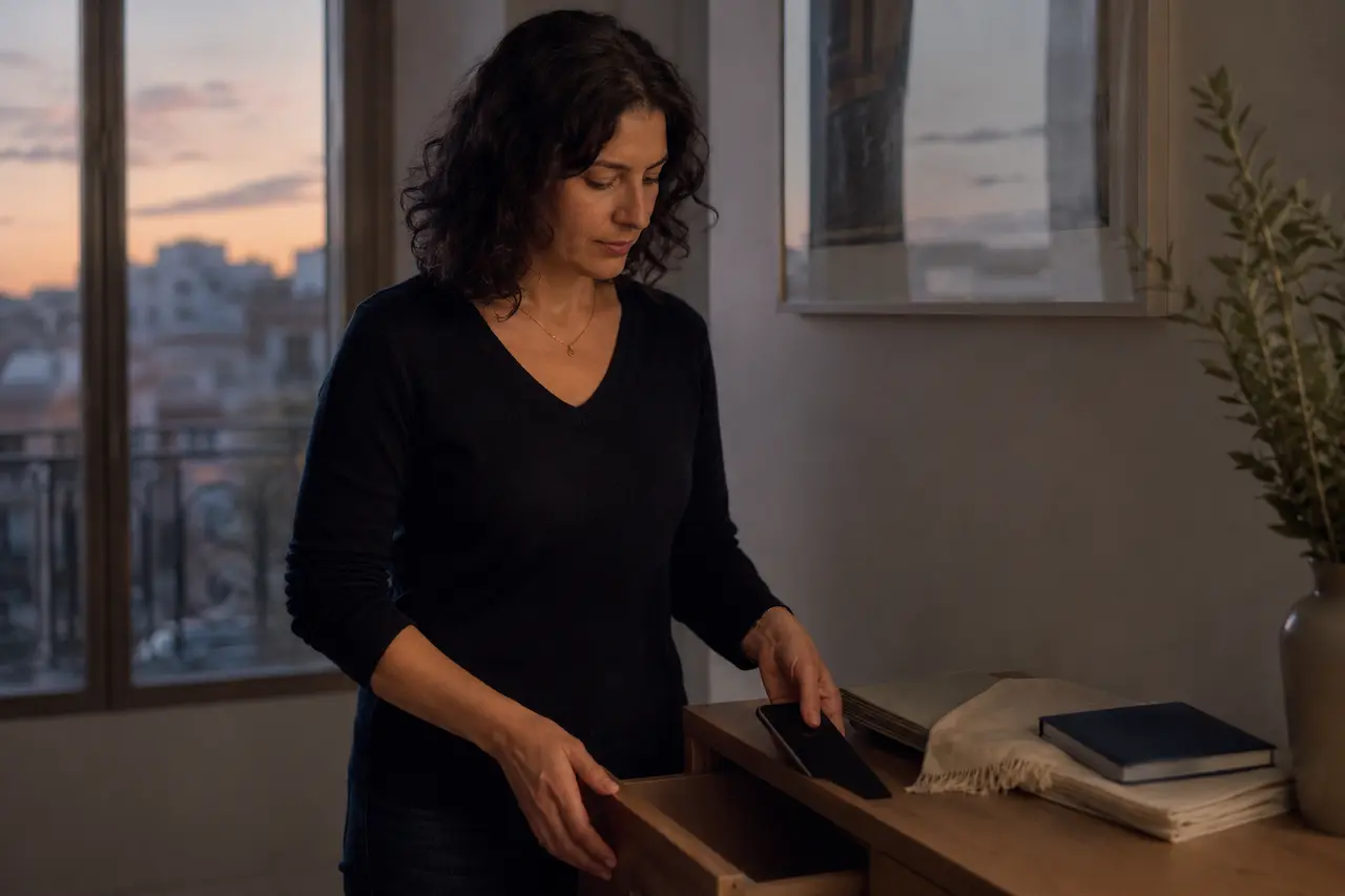 Femme rangeant un téléphone et préparant un livre de prières avant Yom Kippour